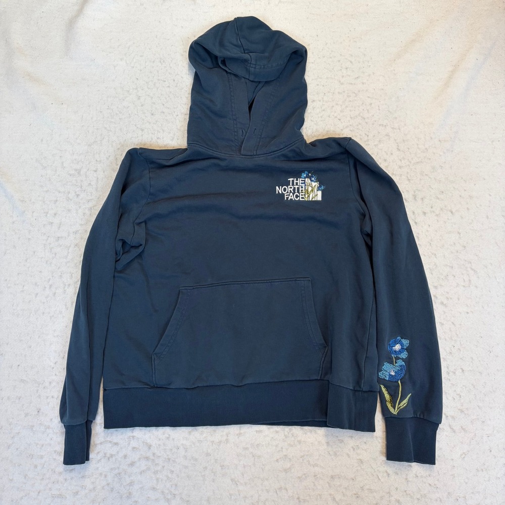 The North Face Hoodie Womens Medium Blue Floral Embroidered Pullover